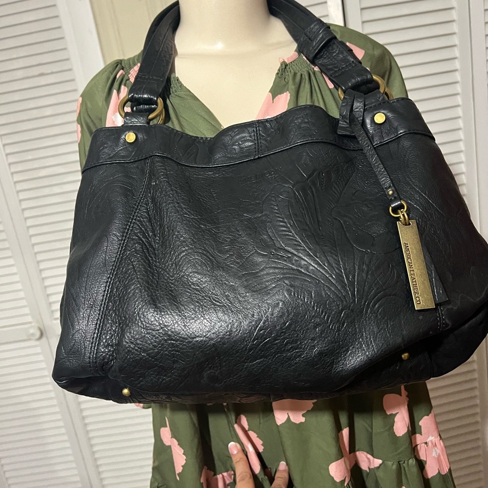 Black Embossed Leather Shoulder Bag American Leather